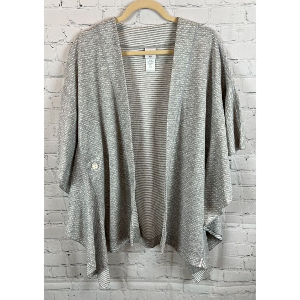 CABI gray striped polka dot frill stretch open front cardigan poncho XS/S NWOT
